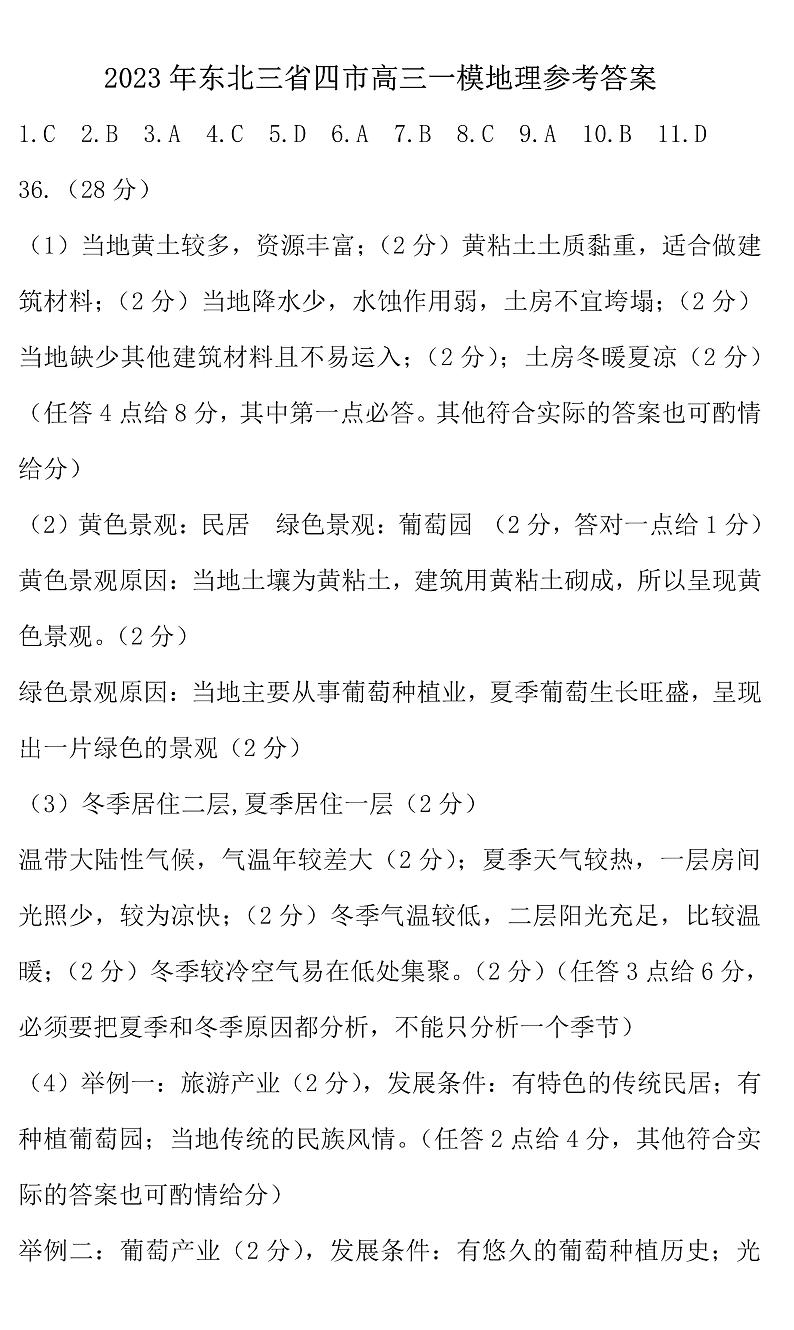 2023届东北三省四市教研联合体高三高考模拟考试（一）（暨长春三模、大连一模、沈阳二模、哈尔滨）文综答案第1页