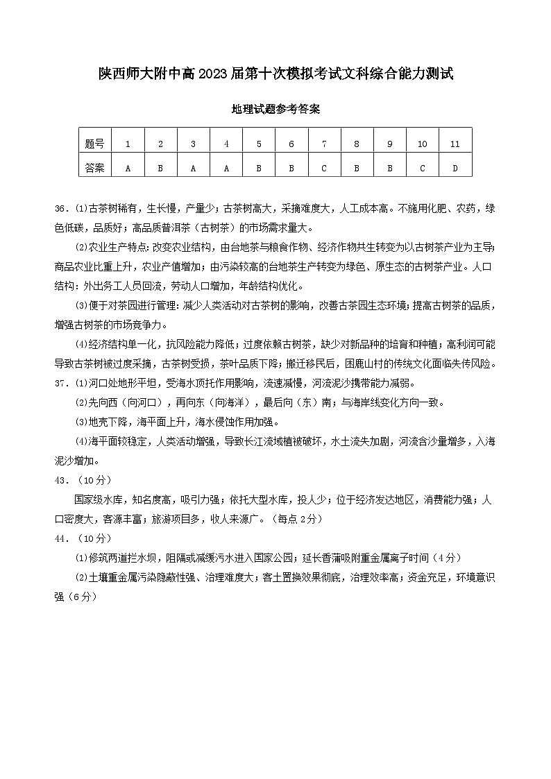 2023届陕西省西安市陕西师范大学附属中学高三三模文综试题01