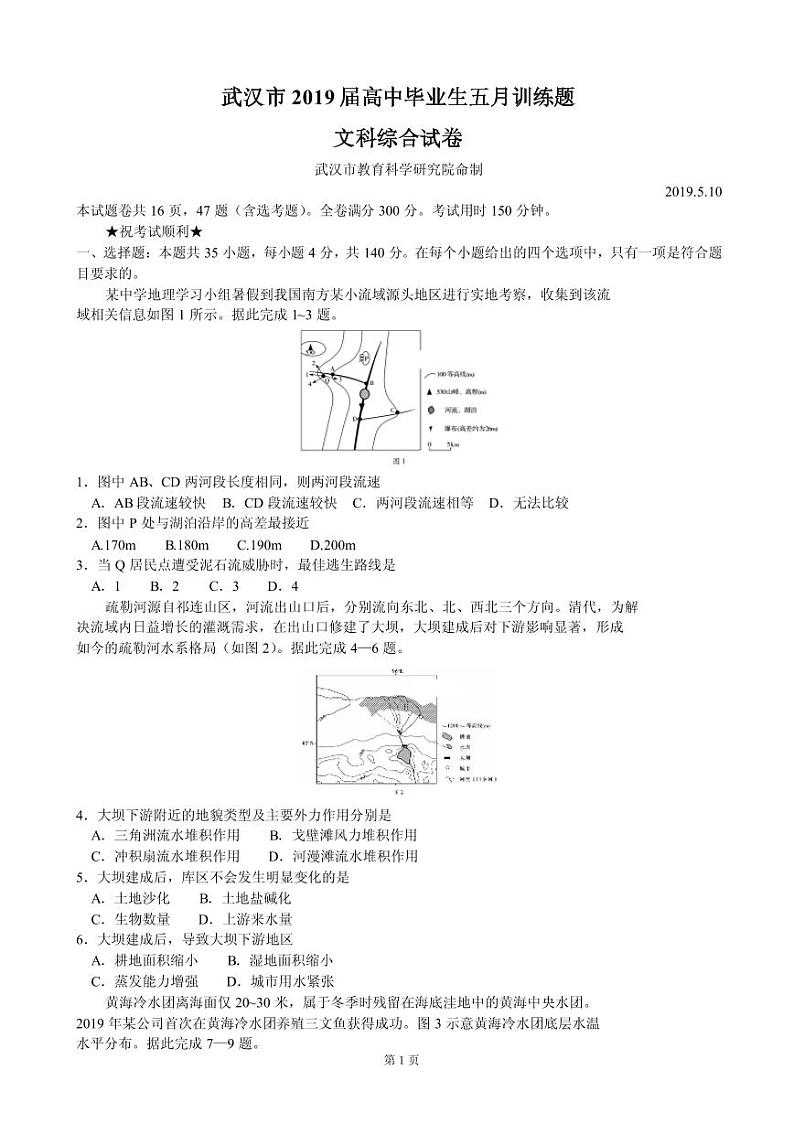 2019届湖北省武汉市高三毕业班5月训练文综试卷（PDF版）01