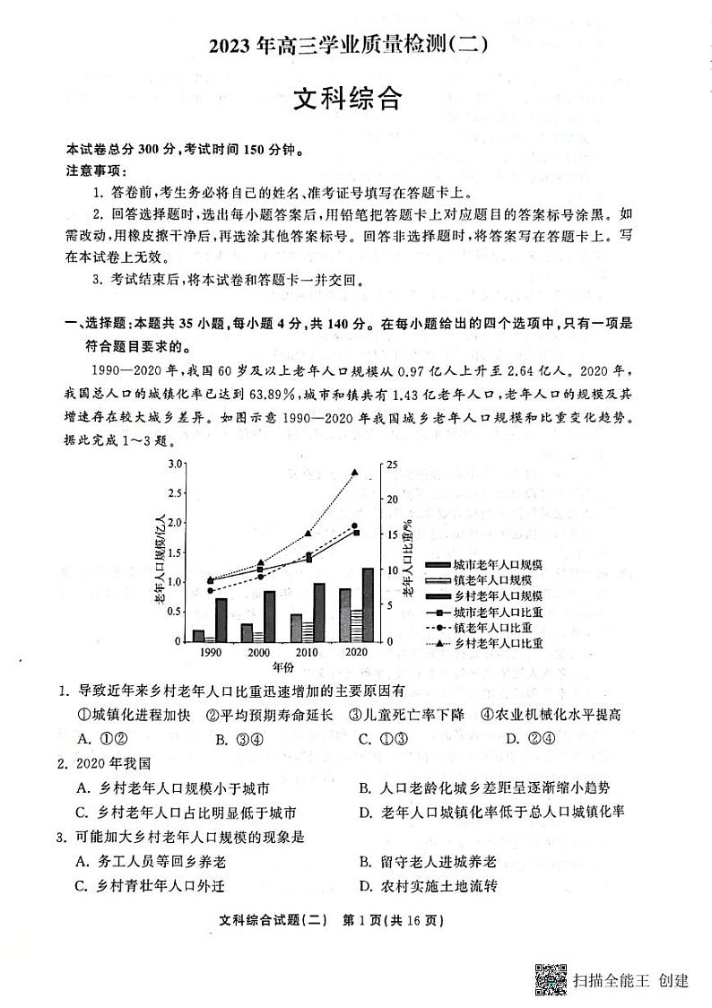 衡中同卷2023年高三学业质量检测二（全国乙卷）文科综合试题第1页