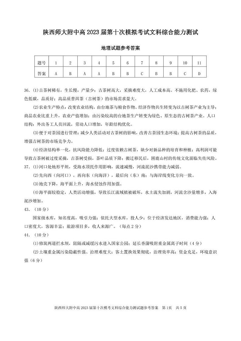 陕西师大附中高2023届第十次模拟考试 文综答案第1页