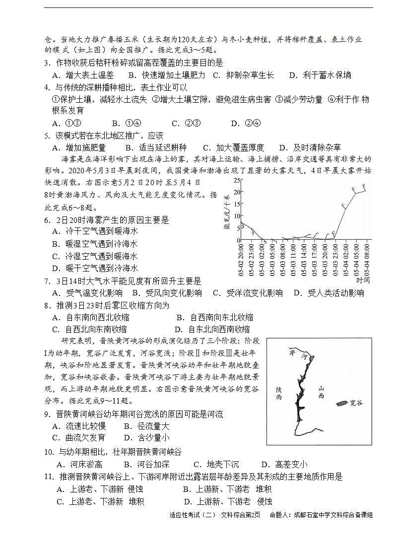 2023届四川省成都石室中学高考适应性考试（二）文科综合02
