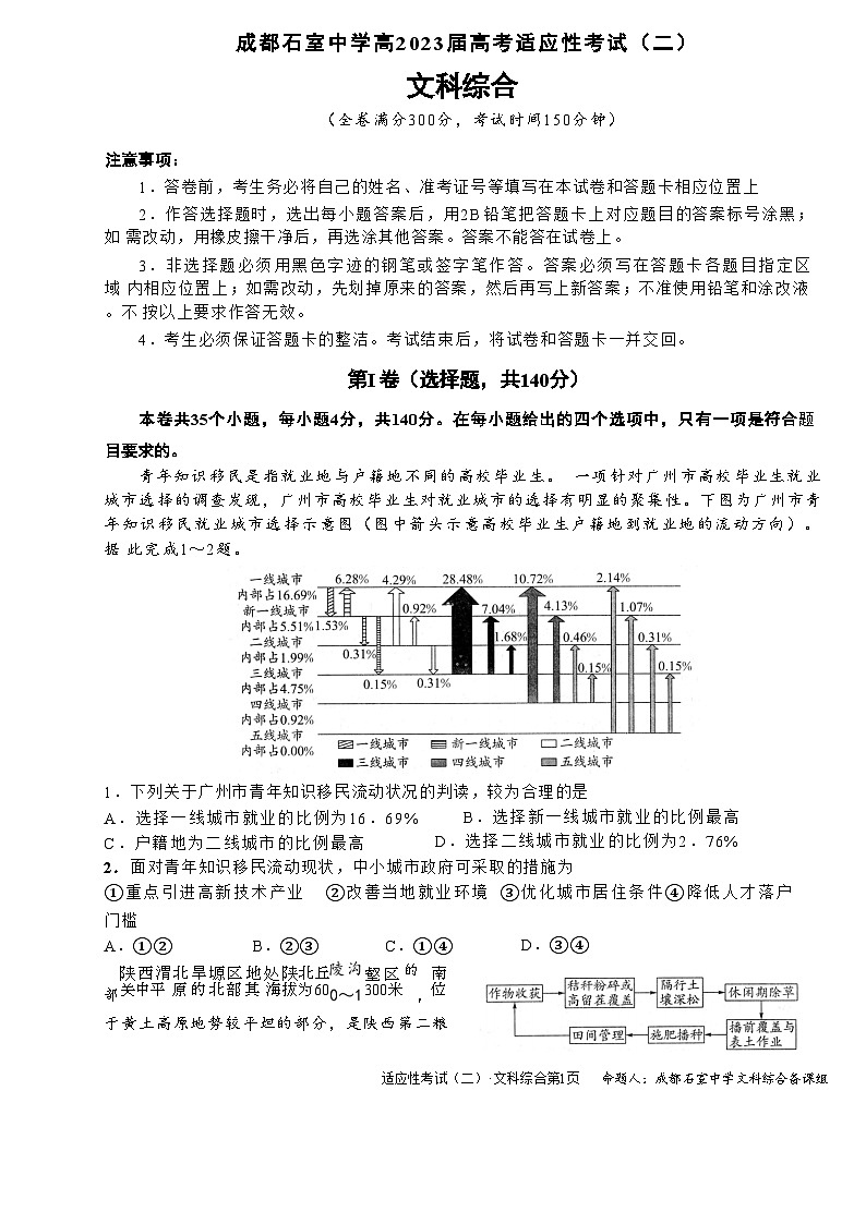 四川省成都市石室中学2023届高三文综下学期高考适应性考试（二）（Word版附解析）01