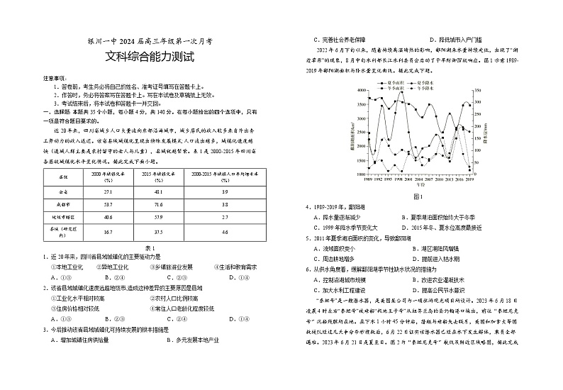 宁夏银川一中2024届高三文综上学期第一次月考试题（8月）（Word版附答案）第1页