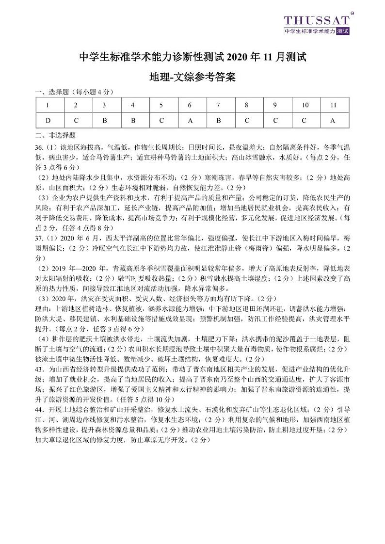 THUSSAT2020年11月诊断性测试文综-地理答案第1页