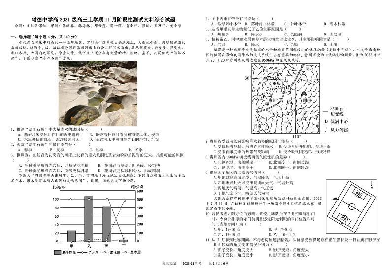 四川省成都市树德中学2024届高三上学期11月阶段性测试文综第1页