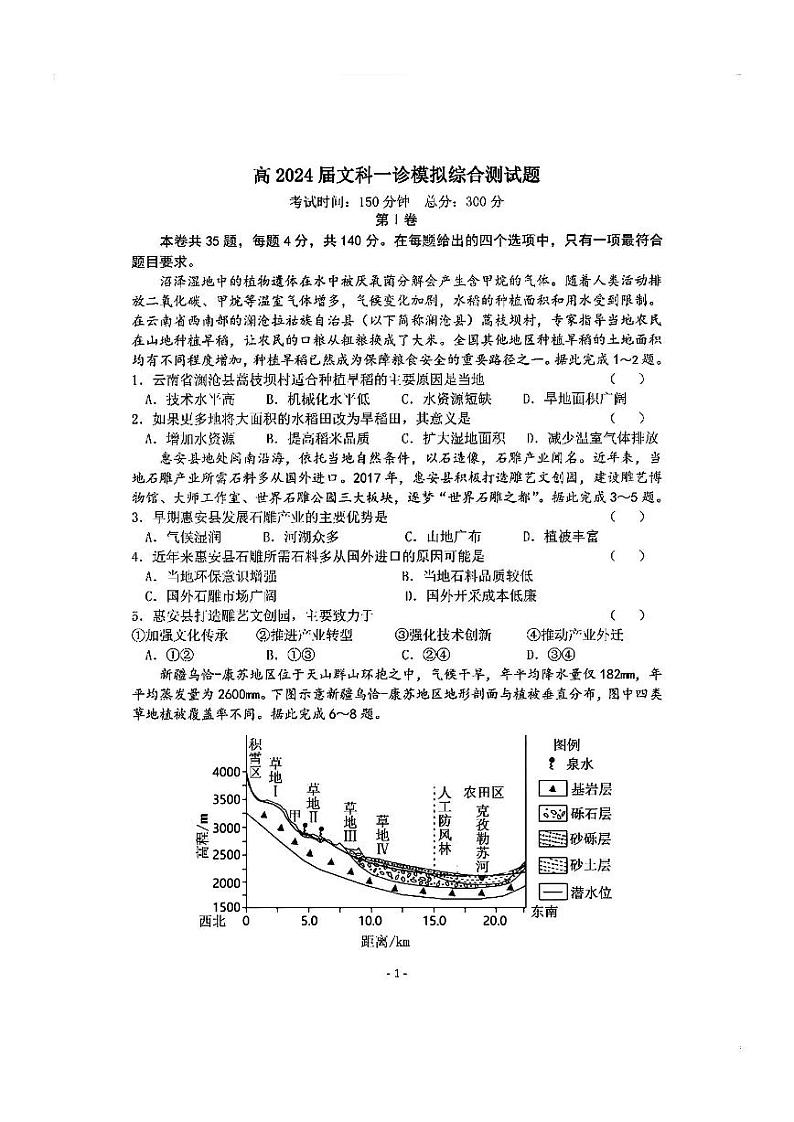 2024届四川省成都市第七中学高三上学期一诊模拟考试 文综第1页