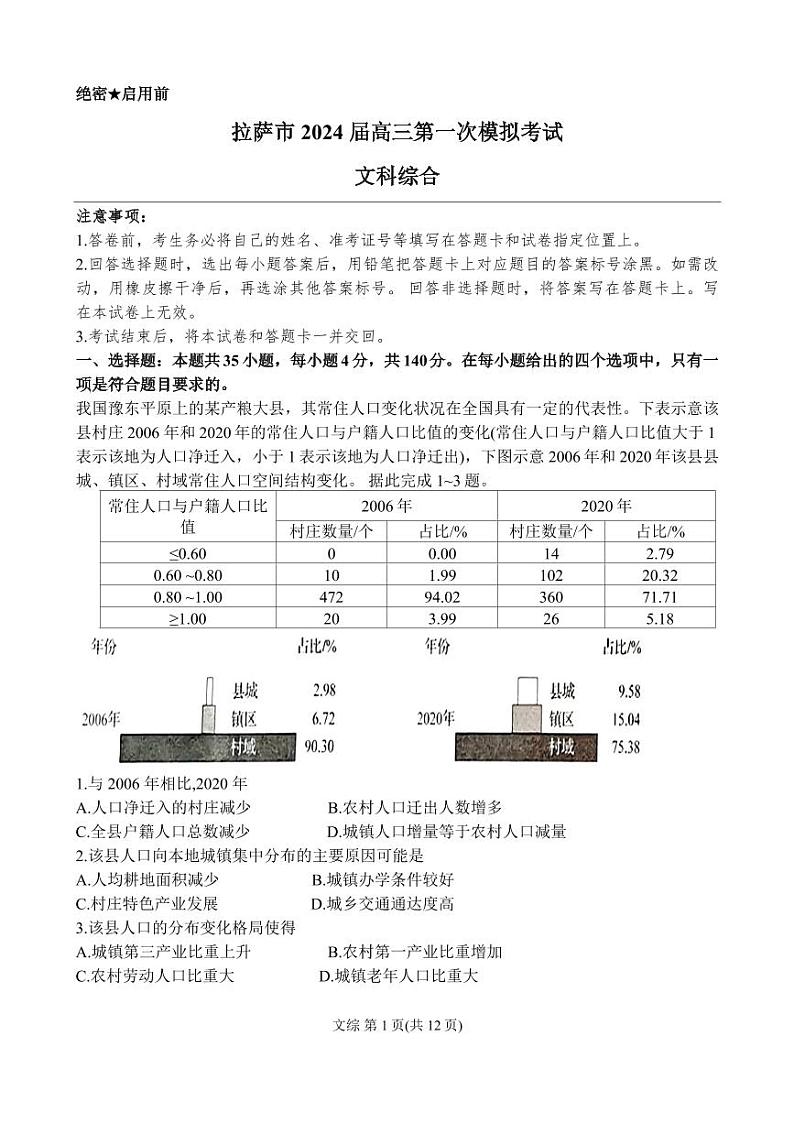 2024自治区拉萨高三上学期第一次模拟考试文综PDF版含答案01