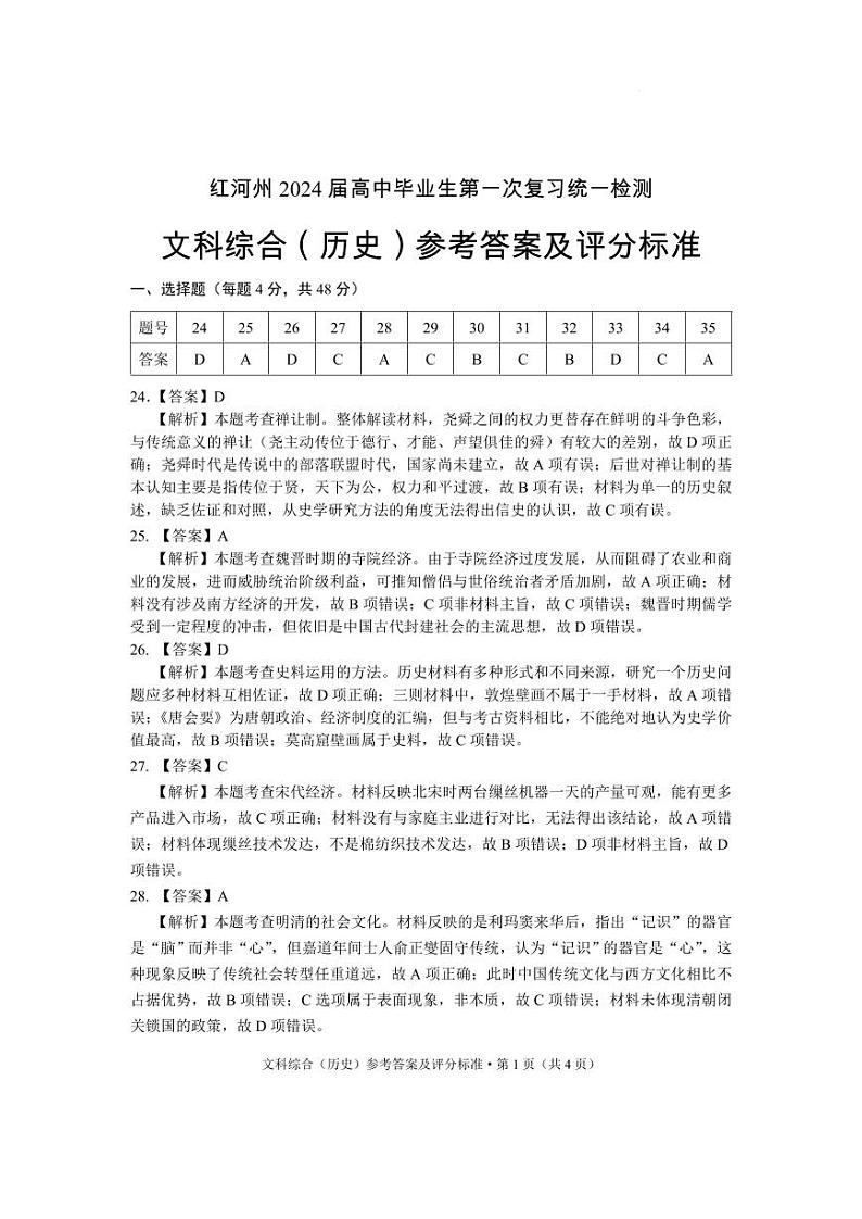 2024红河州高三上学期第一次复习统一检测试题文综PDF版含答案01