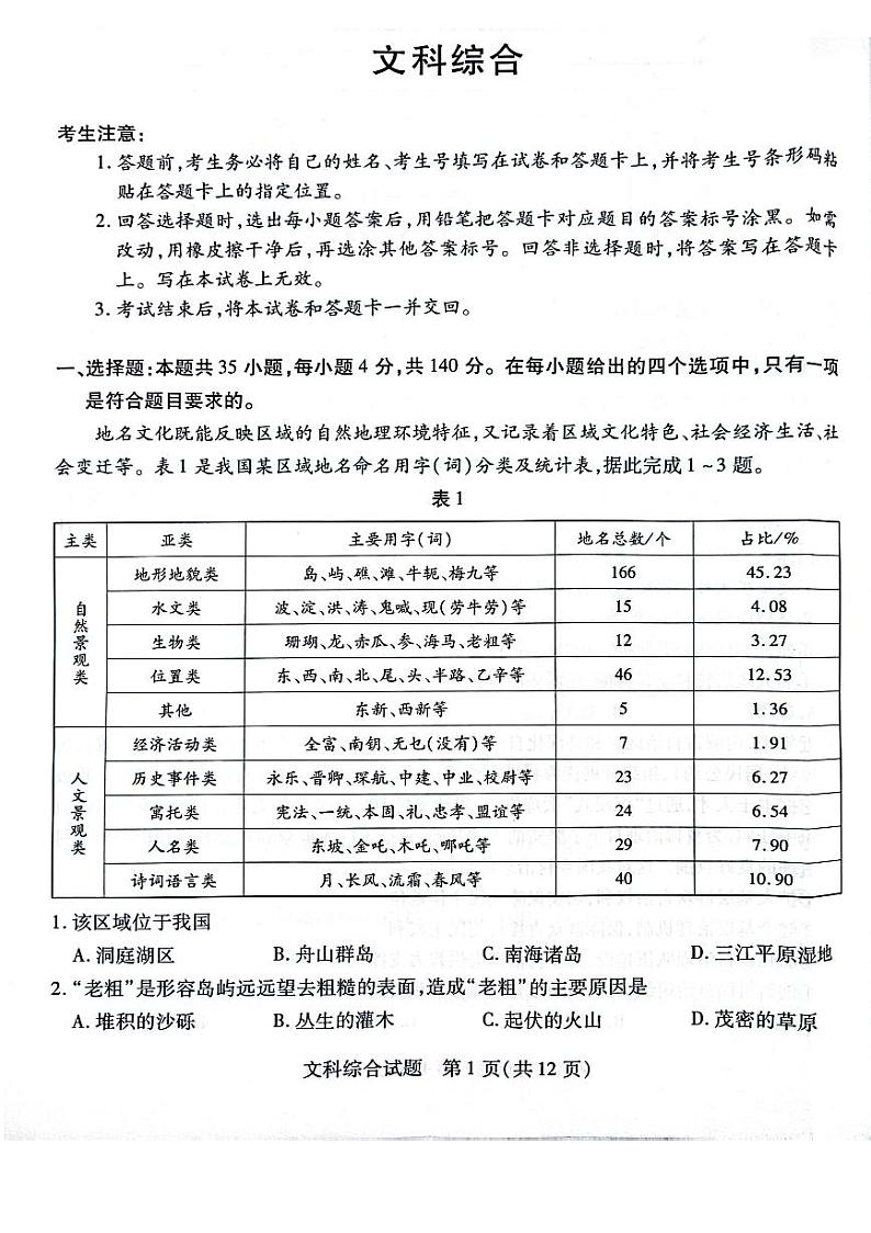 河南省项城市2023-2024学年高三上学期1月月考文综试题第1页