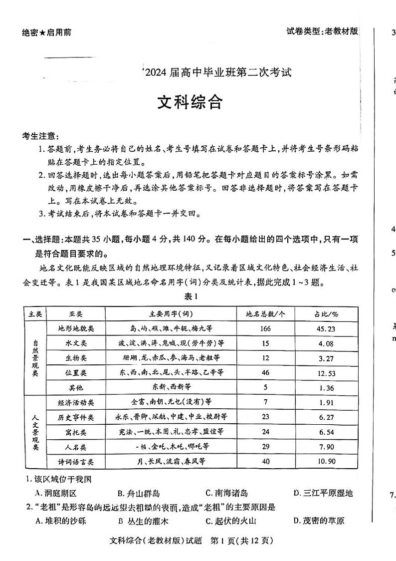 安康市高新中学高三上学期模拟预测文综试题（老教材版）第1页