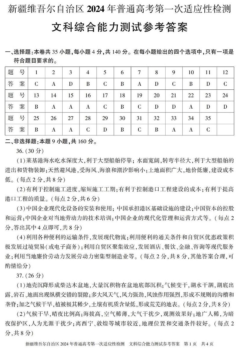 新疆维吾尔自治区2024届高三下学期第一次适应性检测试题（一模）文综答案01
