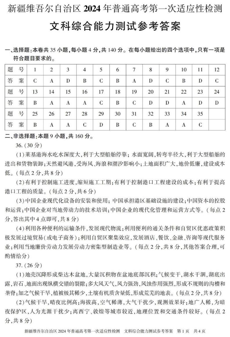 2024维吾尔自治区高三下学期第一次适应性检测试题（一模）文综PDF版含答案01