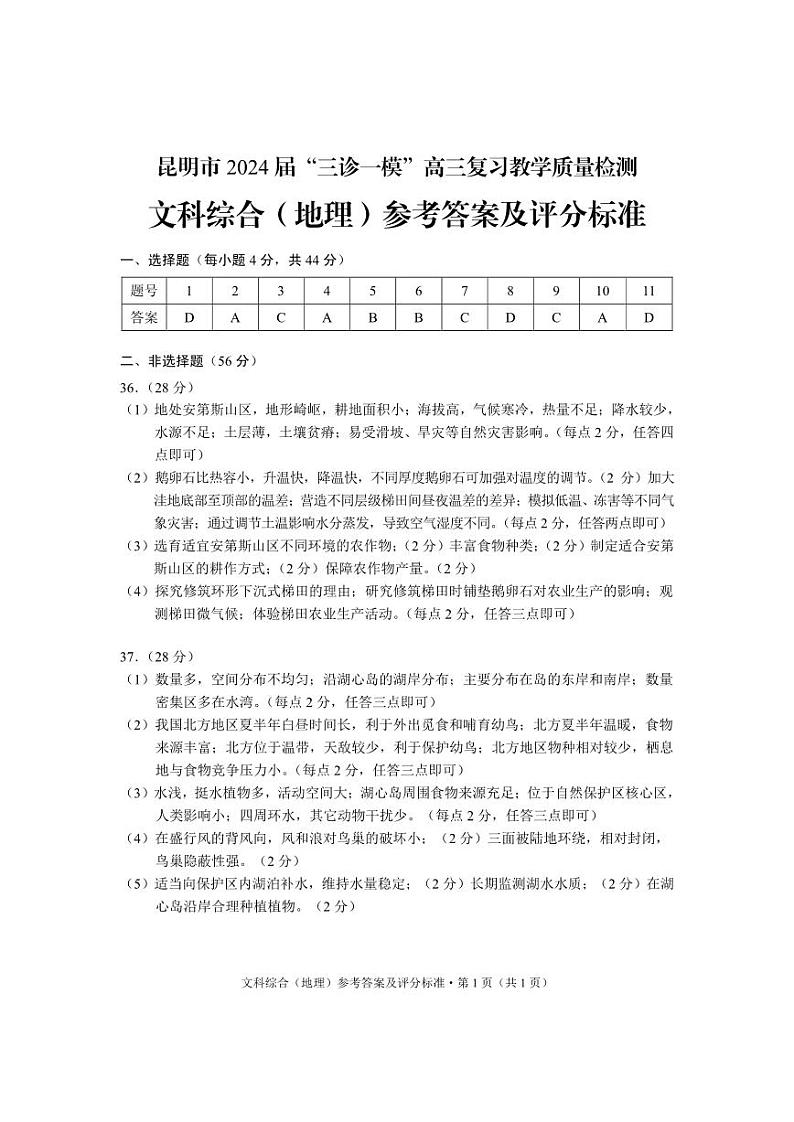 2024届云南省昆明市高三下学期“三诊一模”教学质量检测（二模）文综_副本01