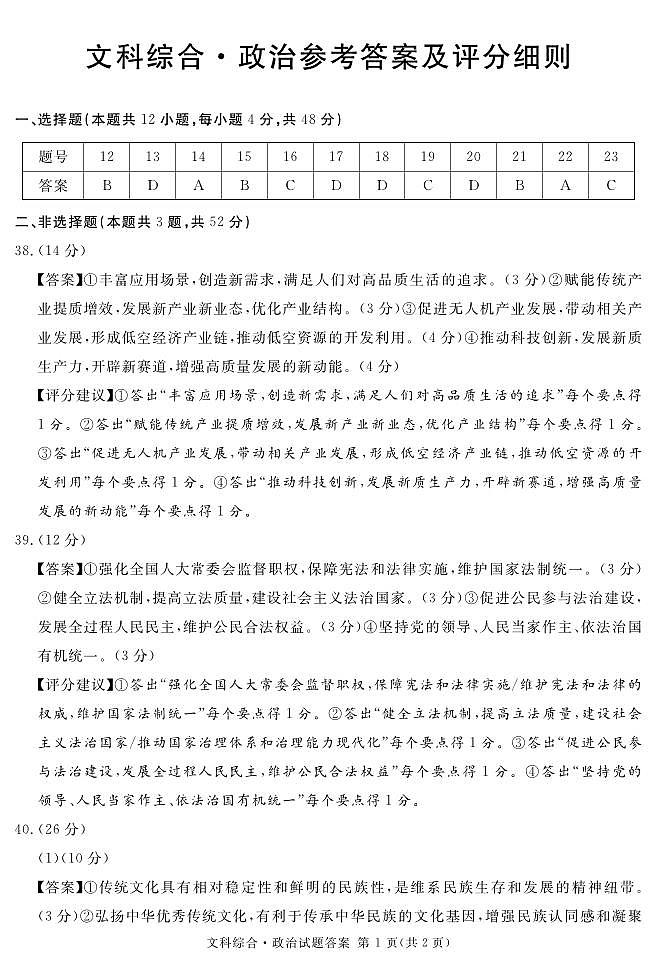 四川省2024届高三下学期九市二诊试题（广安、眉山、遂宁、雅安、资阳、乐山、广元、自贡、内江）文综答案01