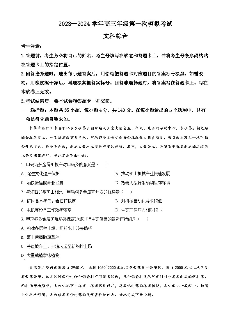 2024届河南省濮阳市高三下学期第一次模拟考试文综试题-高中地理（原卷版+解析版）01