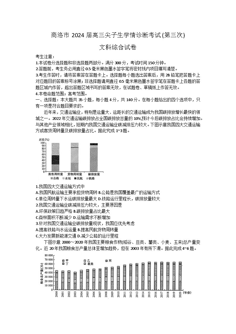 2024届陕西省商洛市高三下学期第三次尖子生学情诊断考试文综试题+第1页