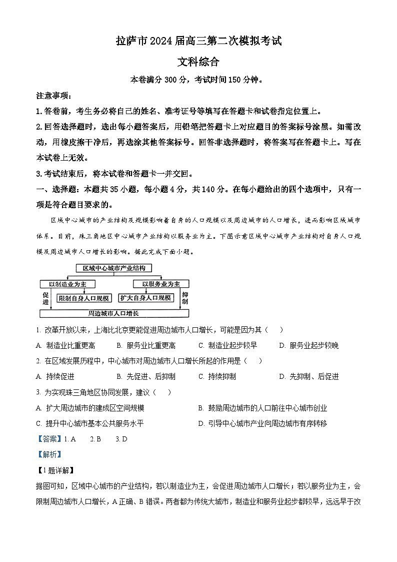 2024届西藏自治区拉萨市高三下学期第二次模拟考试文综地理试题（原卷版+解析版）01