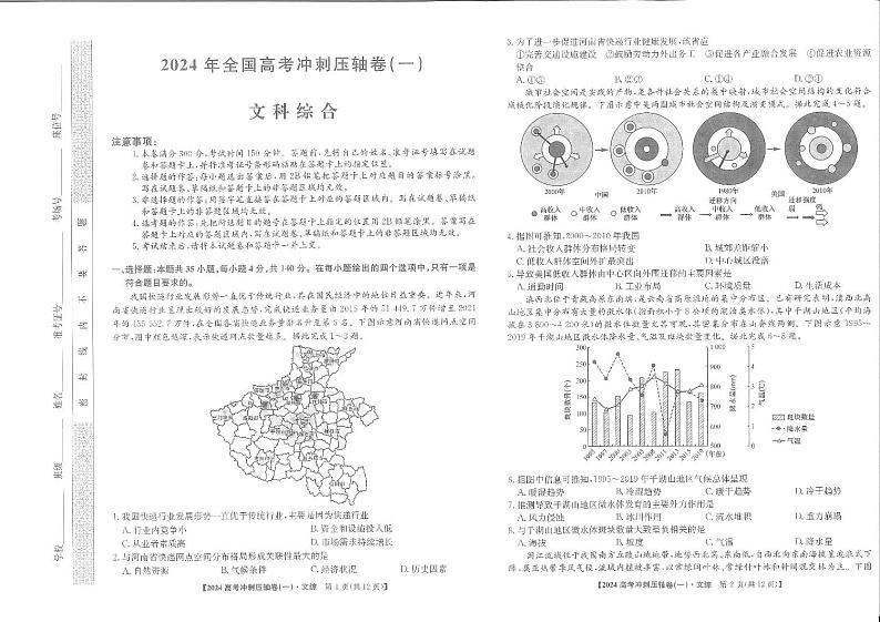2024全国高考冲刺押题卷（一）文科综合第1页
