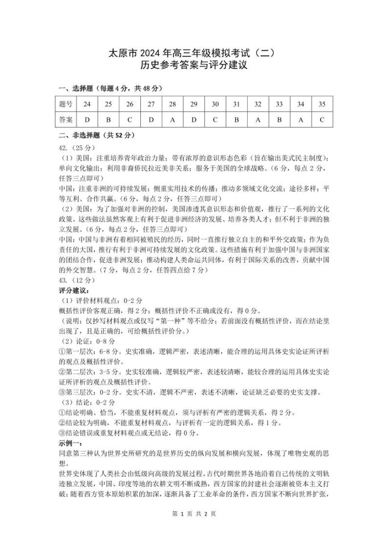 山西省太原市2024届高三下学期模拟考试（二）文科综合试卷01
