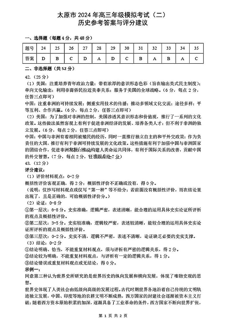 2024届山西省太原市高三下学期第二次模拟考试文综01