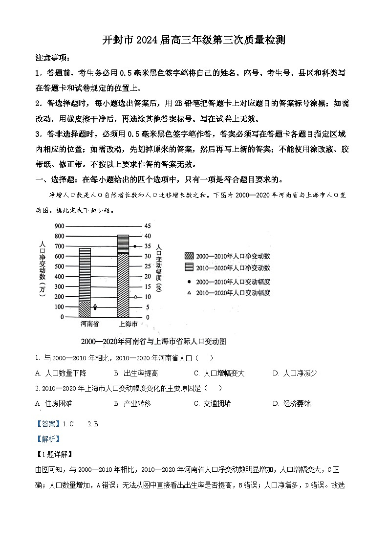 2024届河南省开封市高三下学期第三次质量检测文综地理试题（原卷版+解析版）01