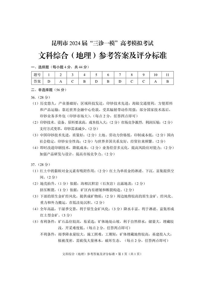 云南省昆明市2024届“三诊一模”高考模拟考试文综试卷（附参考答案）01