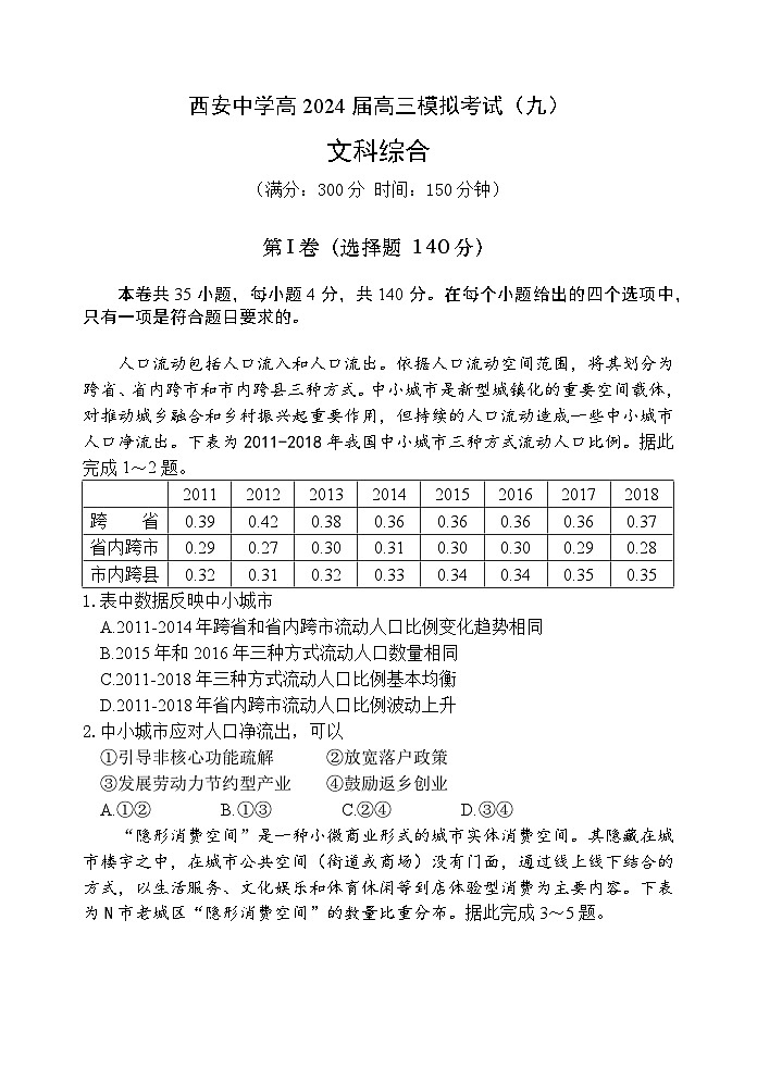 2024西安中学高三下学期模拟预测（九）文综含答案第1页