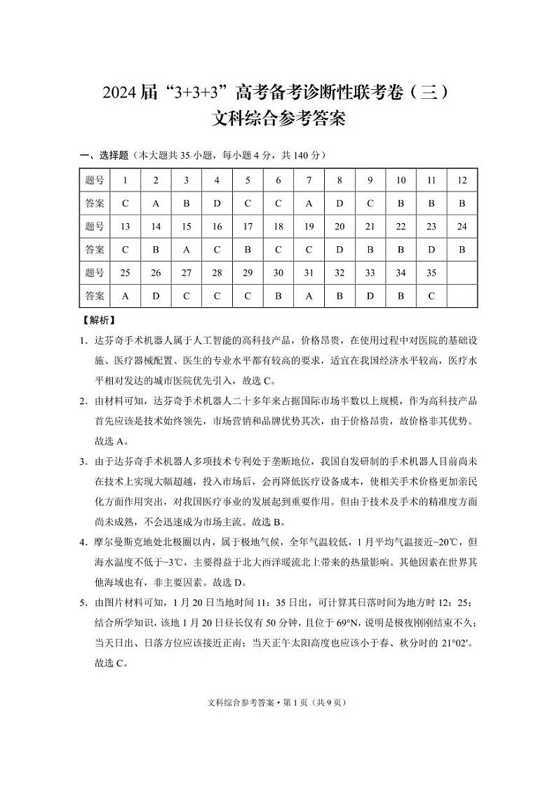 2024届云南省“3+3+3”高三下学期高考备考诊断性联考（三）文综试卷01
