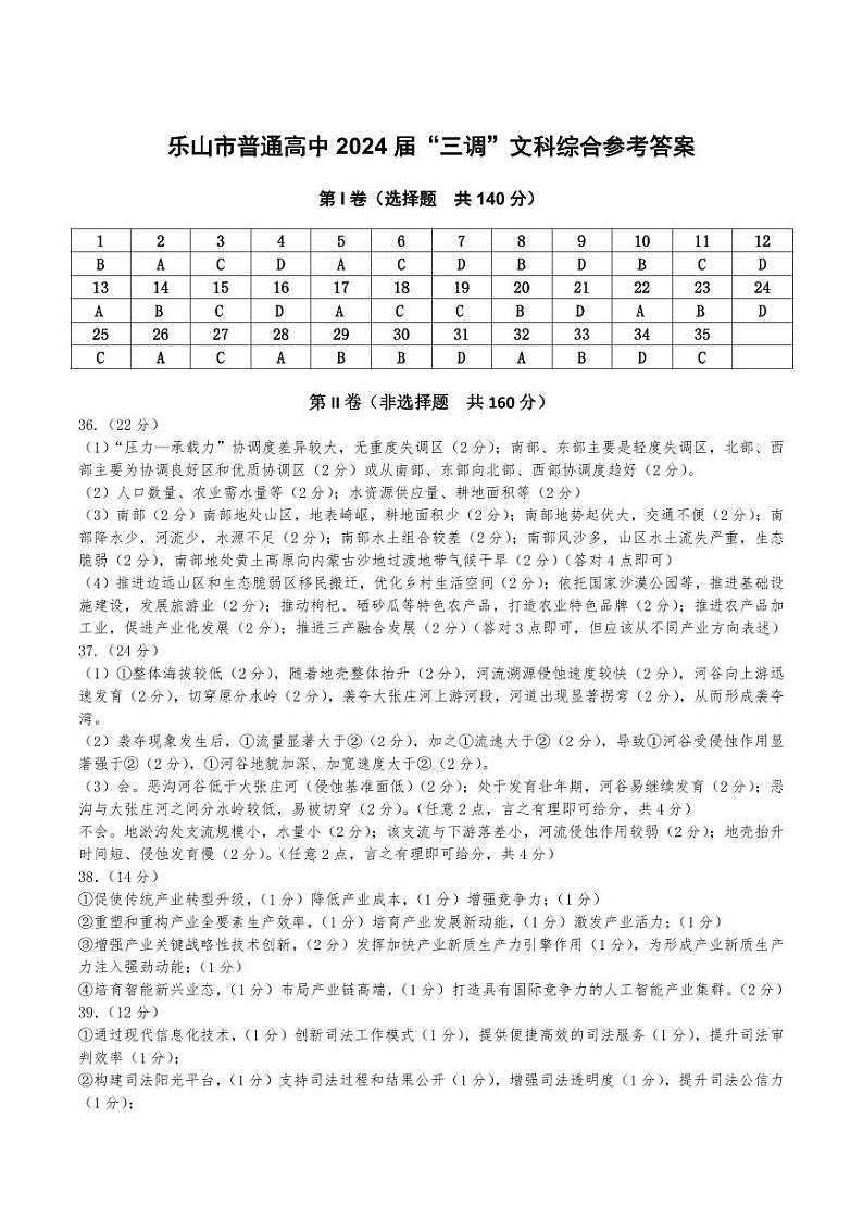四川省乐山市高中2024届高三年级第三次调查研究考试(乐山三调) 文科综合能力测试试卷答案第1页