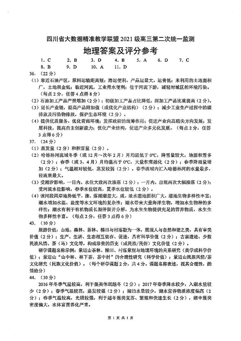 【全国甲卷】四川省大数据精准教学联盟2021级(2024届)高三年级第二次统一监测(大数据二统)(5.17-5.18)                   文科综合试题能力测试试题答案第1页
