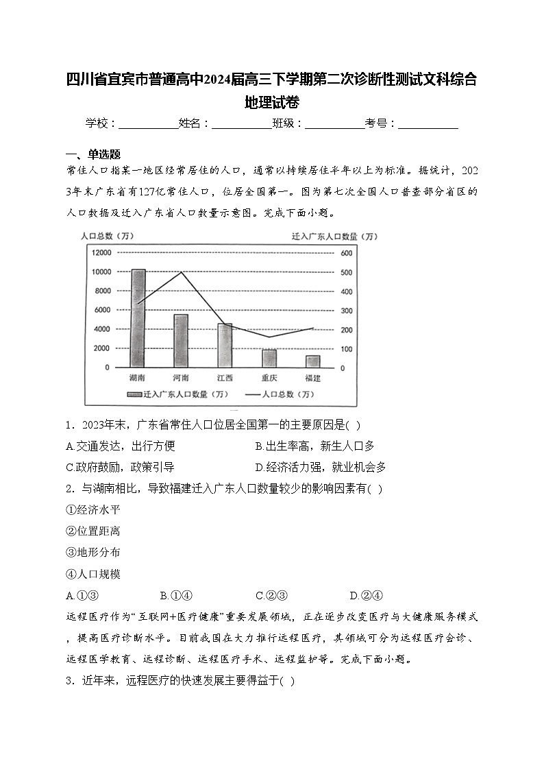 四川省宜宾市普通高中2024届高三下学期第二次诊断性测试文科综合地理试卷(含答案)01