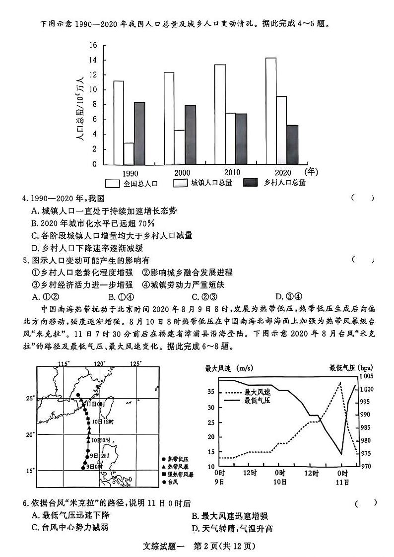 青桐鸣·2024年普通高等学校招生全国统一考试押题卷一 文综试卷及答案第2页