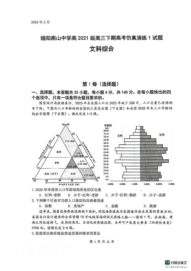 2024届四川省绵阳南山中学高三下学期高考仿真演练(一)+文科综合试题01