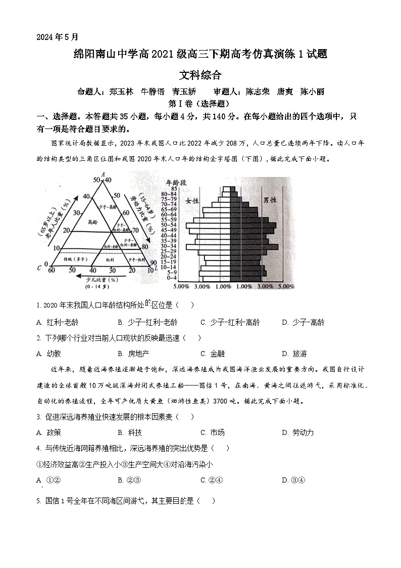 2024届四川省绵阳南山中学高三下学期高考仿真演练(一) 文综地理试题（学生版）第1页