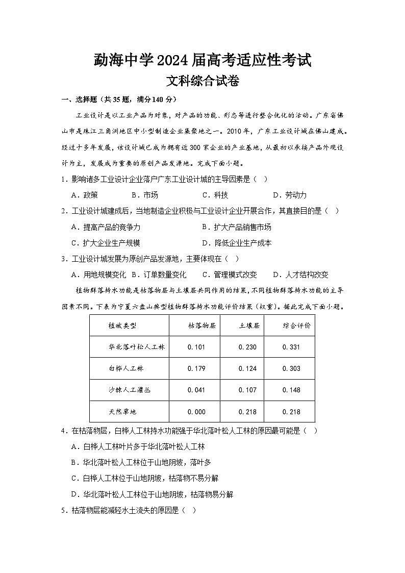 2024届云南省西双版纳傣族自治州勐海县中学高三下学期高考适应性考试文综试题第1页