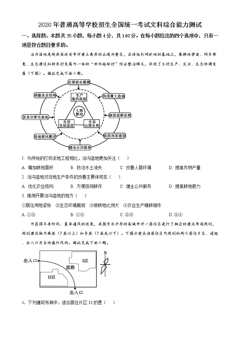 2020年高考全国1文综地理高考真题-全国高考真题解析01