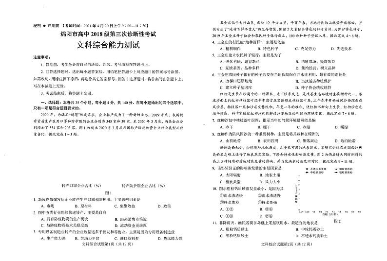 四川省绵阳市2021届（2018级）高三第三次诊断性考试文科综合试题01