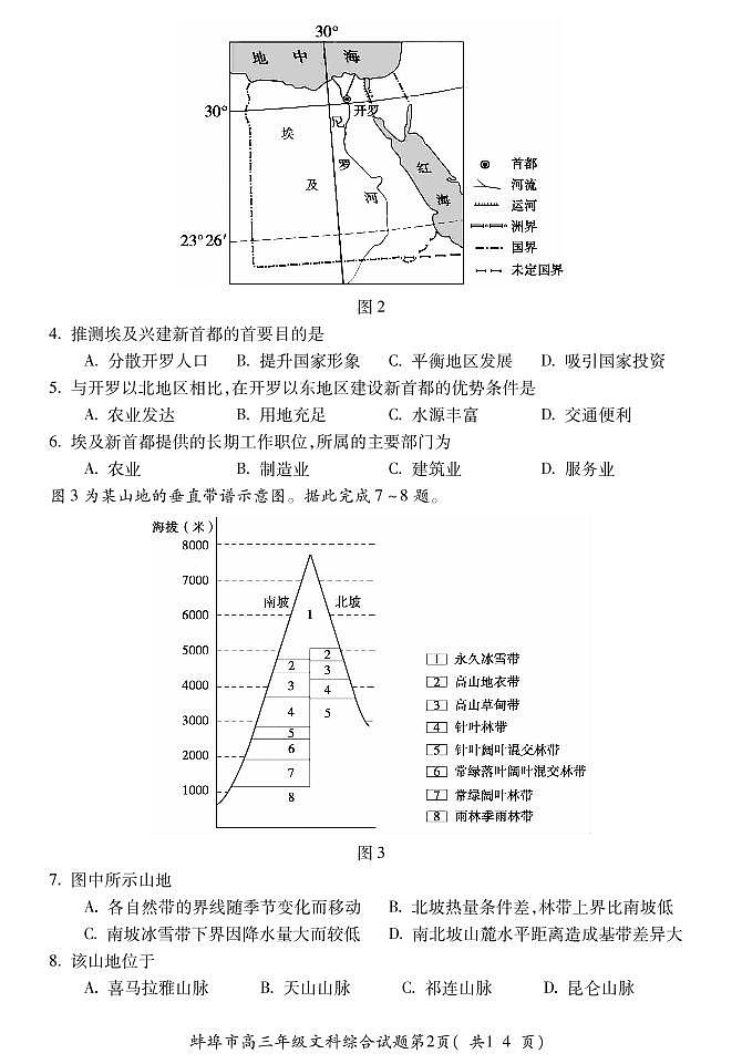 2021安徽蚌埠四模文综含答案 试卷02