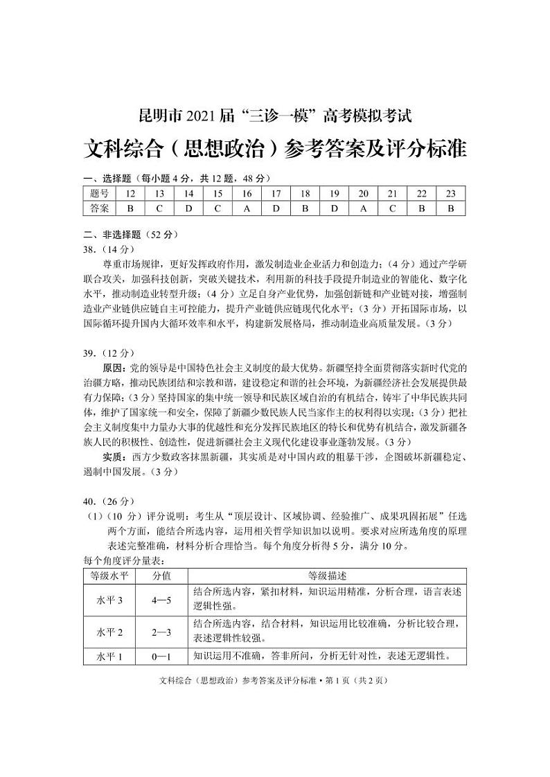 2021年云南省昆明市高三5月三诊一模：文科综合卷+答案01