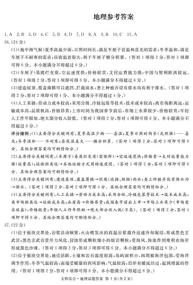 2021届高三四川省眉山市第三次诊断考试文科综合-地理答案第1页