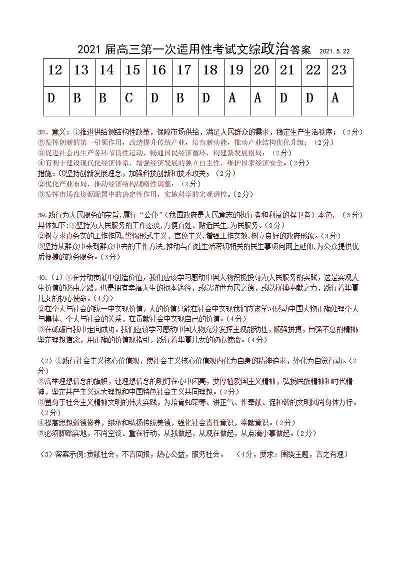 江西省九江第一中学2021届高三下学期5月适应性考试 文科综合+答案01