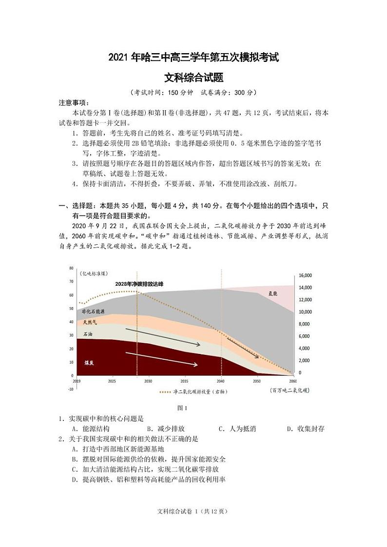 黑龙江省哈尔滨市第三中学2021届高三下学期第五次模拟考试 文综 +答案 (PDF版)01