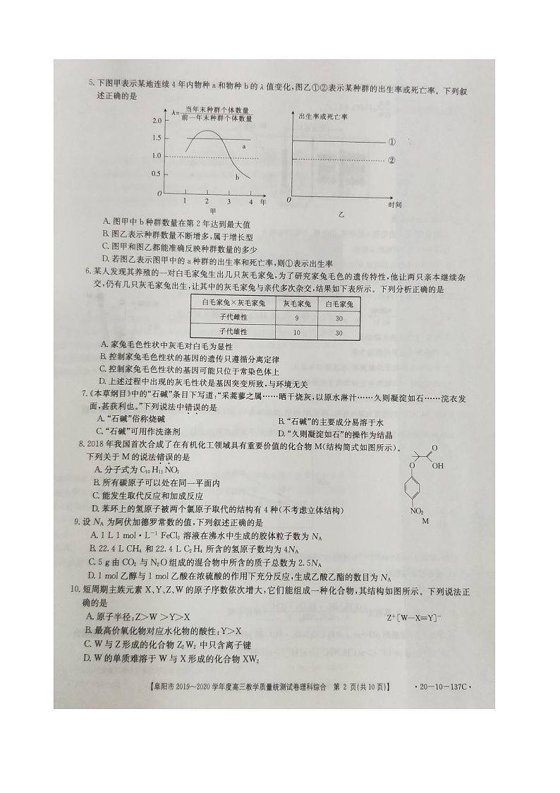 2020届安徽省阜阳市高三上学期期末教学质量统测理科综合试题 扫描版02