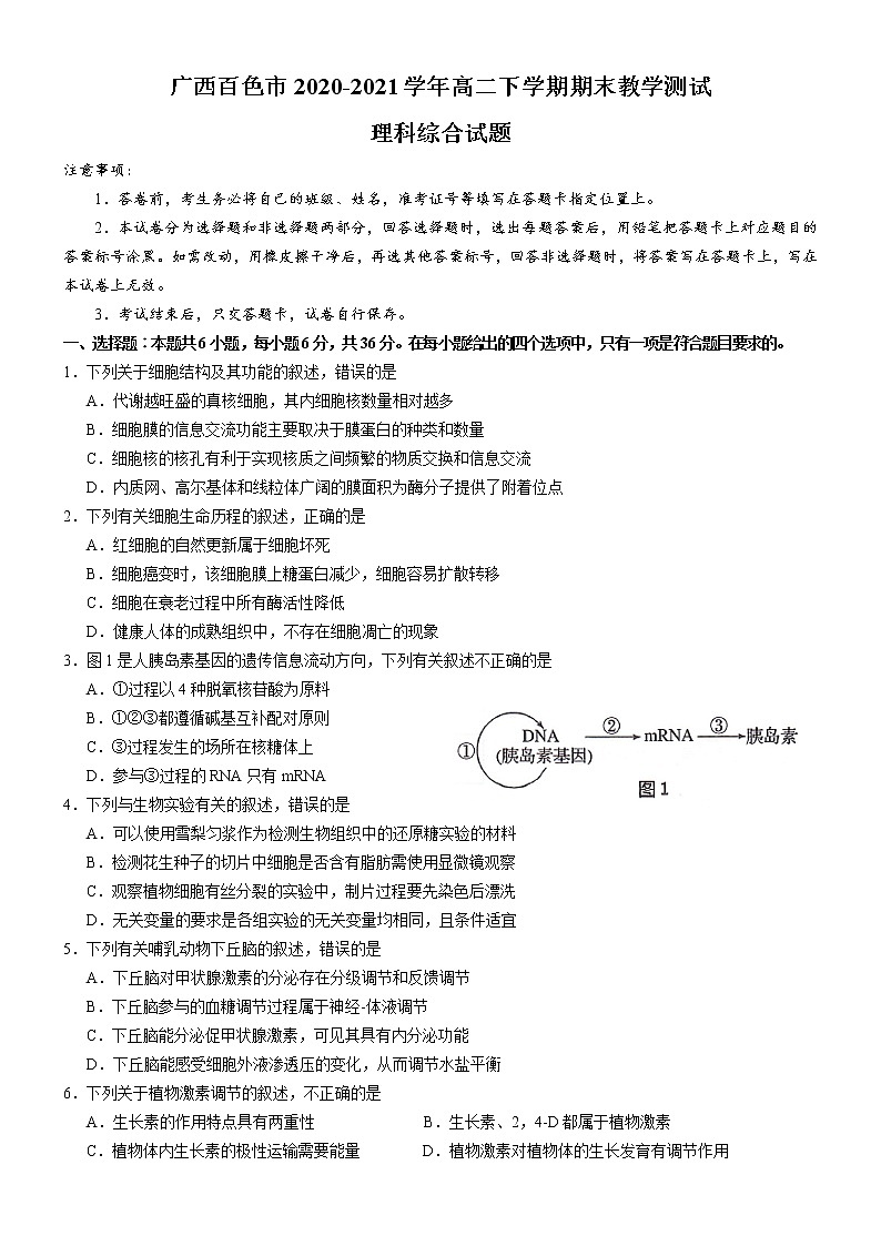 2020-2021学年广西百色市高二下学期期末教学测试理科综合试题 word版第1页