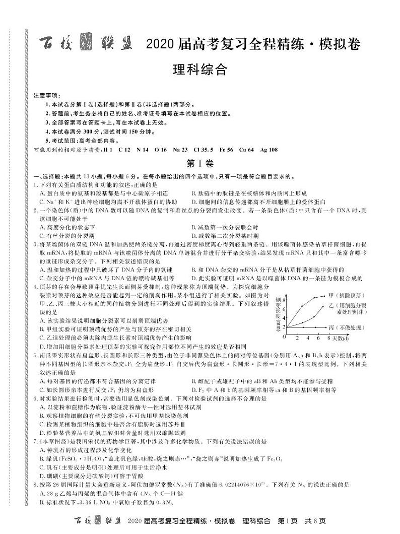 百校联盟2020届高考复习全程精练模拟卷（全国II卷）理科综合试题 PDF版含答案第1页