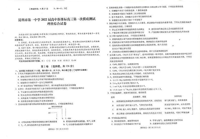 2022届云南省昆明市第一中学高三上学期第一次摸底测试理科综合试题 扫描版01