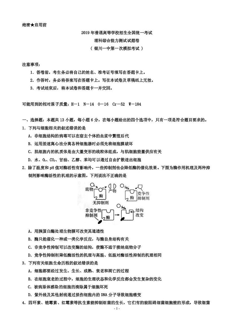 2019届宁夏银川一中高三第一次模拟考试理科综合试题（PDF版）01