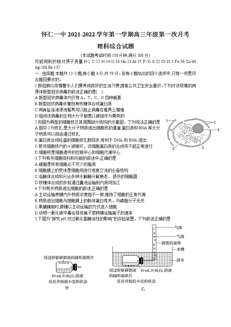 2022届山西省怀仁市第一中学高三上学期第一次月考理科综合试题 word版01