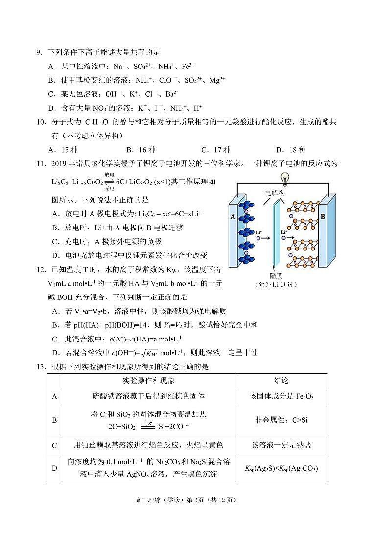 2021届四川省高三10月联合诊断考试（零诊）理科综合试题 PDF版03